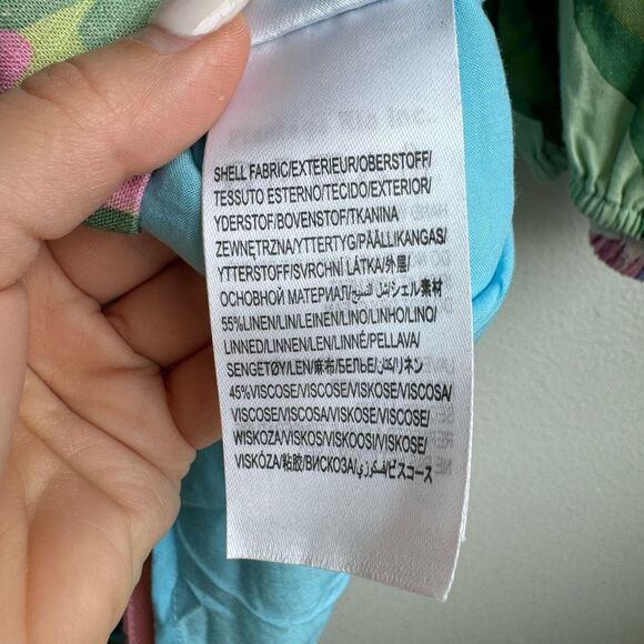 Farm Rio Dress Beach Vibe Mini Cut Out Size XL Balloon Sleeve Palm Tree Linen - Picture 4 of 7